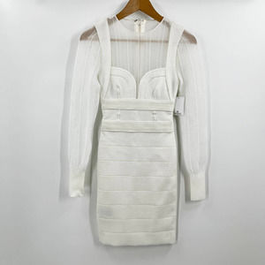 Herve Leger Paris Bustier Long Sheer Sleeve Mini Dress Alabaster MSRP $1290